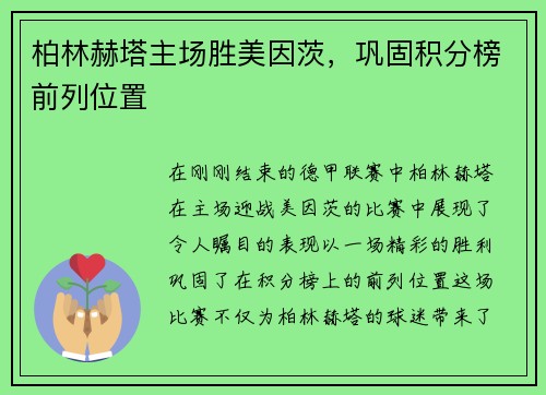 柏林赫塔主场胜美因茨，巩固积分榜前列位置