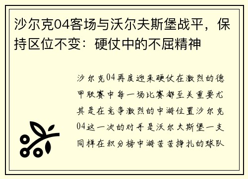 沙尔克04客场与沃尔夫斯堡战平，保持区位不变：硬仗中的不屈精神